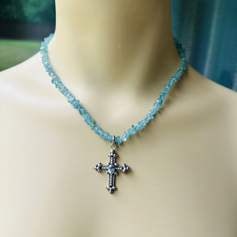 VTG Pendant Necklace 15‎ Inch Christian Cross Blue Topaz Chip Beads 925 Sterling